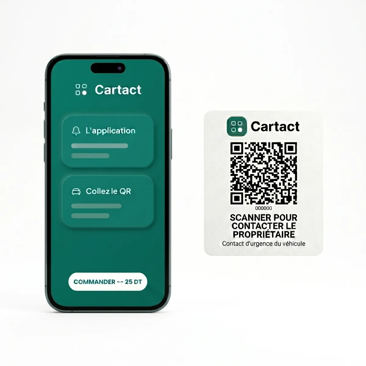 L'application Cartact et un sticker QR Cartact présentés côte à côte